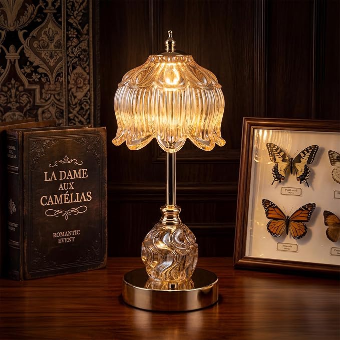 Flower Battery Operated Rechargeable Lamp Cordless, Lily, Amber | Small, Vintage, Gold, Wireless, LED, Dimmable, Table, Home Decor, Bedroom, Bedside, Nightstand, Birthday Gifts for Women