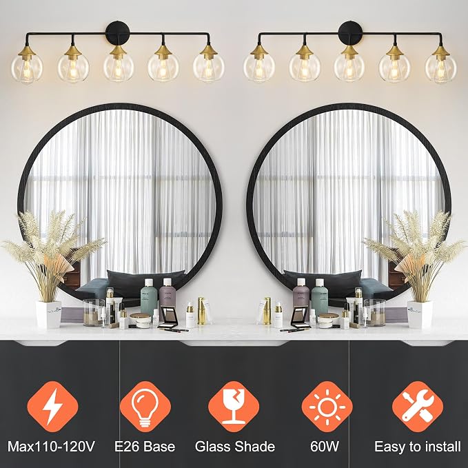 Bathroom Vanity Light 5-Light Black and Gold Vanity Light 39" | Modern Vanity Lighting Fixtures Over Mirror, Thickened Clear Glass Shade, UL E26 Dimmable Vanity Light Fixtures