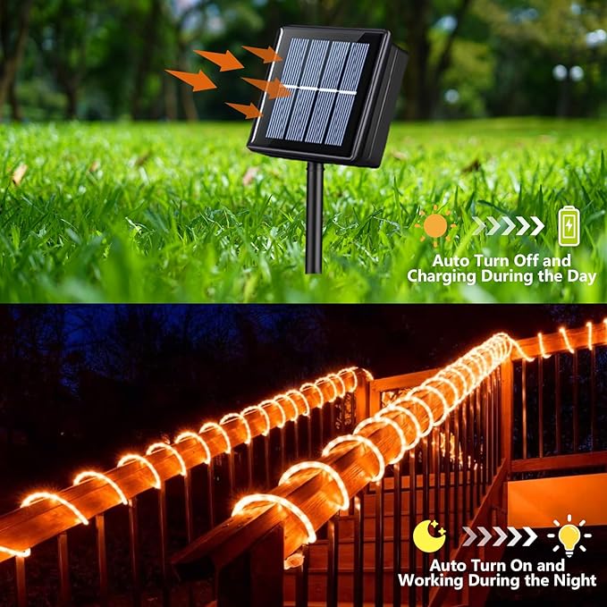 YEGUO Solar Rope Light Outdoor Waterproof, 66ft 200 LED Orange String Lights, 8 Modes Tube Christmas Lights in Clear Thin Tube