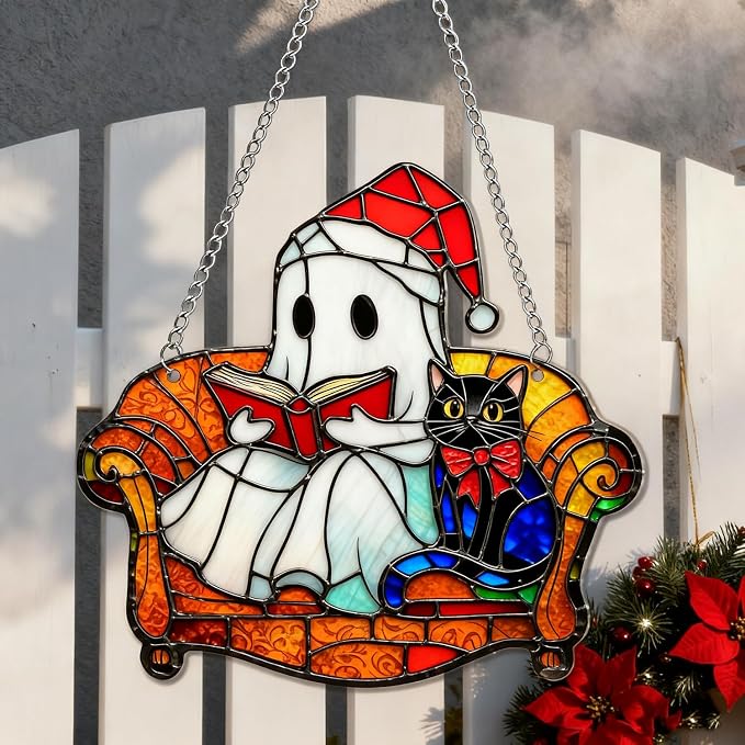 Christmas Tree Decorations Cute Cartoon Ghost & Cat Acrylic Suncatcher Stained Hanging Ornaments Designs DIY Crafts Indoor Outdoor Xmas Ghost Hanging Pendants for Christmas Tree Decor Accessories 1Pc