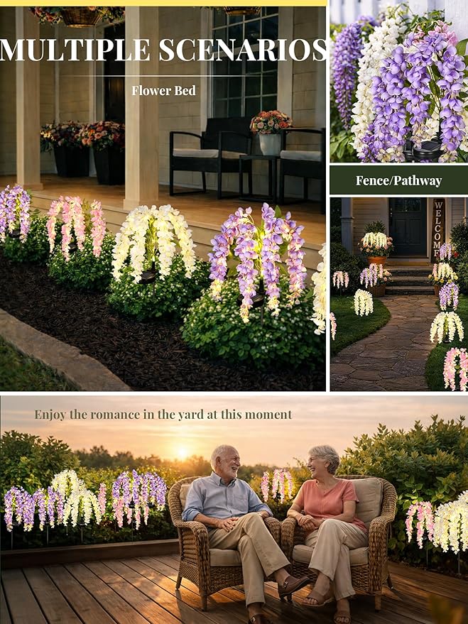 GIGALUMI 6 Pack Solar Wisteria Flowers Outdoor, 2 Modes, Multicolored | Flower Lights, IP65 Waterproof, Auto On/Off, Solar Powered, Garden Decor, for Pathway, Yard, Patio, Gardening Gifts for Women