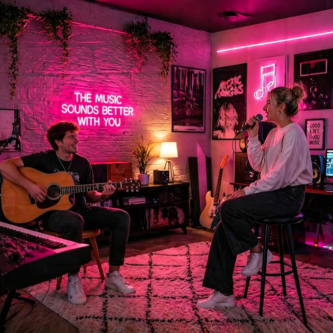 Neon Sign, Music Neon Signs for Wall Decor LED Signs Neon Light | The Music Sounds Better with You Neon Sign for Music Studio, Classroom, Bedroom, Club, Party, Pink Decor, Gift, USB Powered