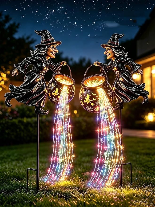 Halloween Witch Cauldron Garden Light,33.5″ Witch Stake Garden Light | Total height of 33.5 inches, Includes 1*12m, 100-light solar-powered multicolored LED light strip, Waterproof