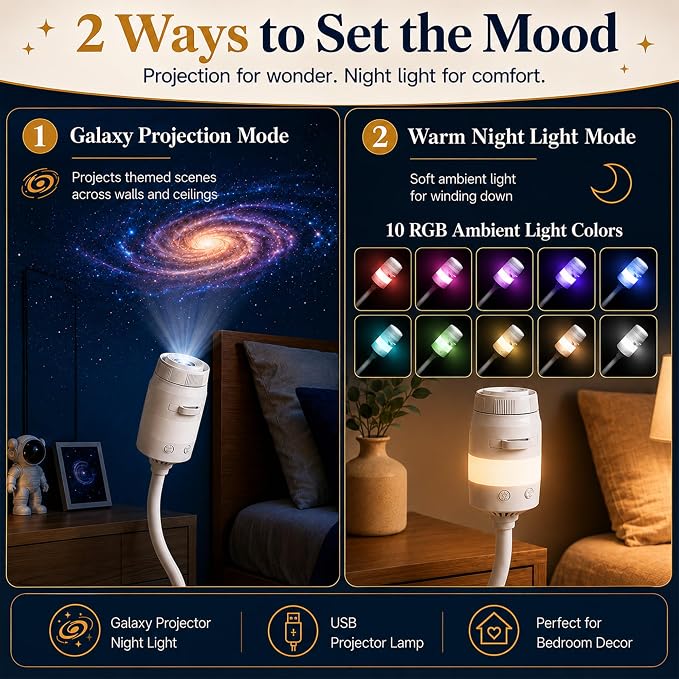 2-in-1 Galaxy Projector Night Light with 13 HD Projection Slides, USB Portable Starry Sky Night Light with 360° Rotation & Dual Auto-Off , Mini LED Ceiling Wall Lamp for Car Decor Bedroom Adults Gifts
