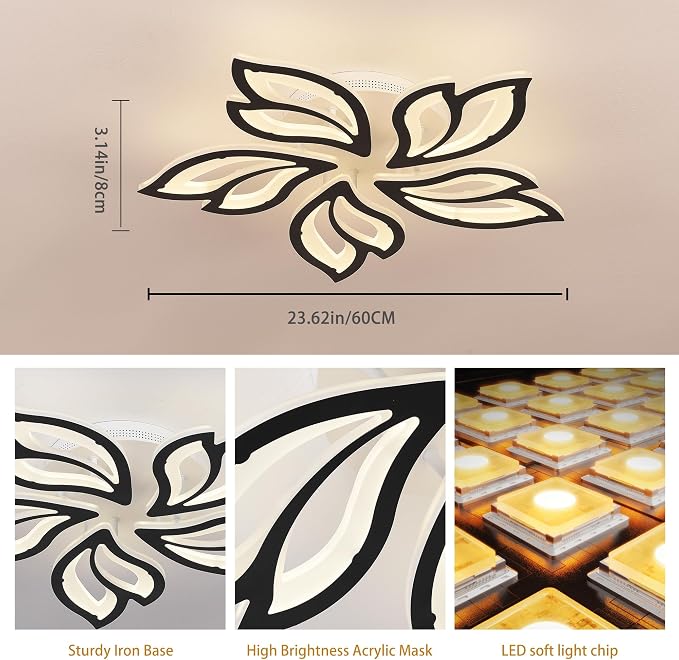 Garwarm 23.6" Modern LED Ceiling Light Fixture, Dimmable Flush Mount Lamp | Flower Black Ceiling Light with Remote Control, Adjustable Color Temperature 3000K-6500K for Low Ceiling Bedroom Kitchen