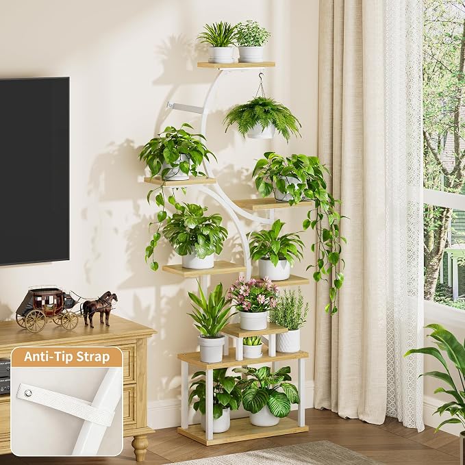 BACEKOLL Plant Stand Indoor with Grow Light, 8 Tier Corner Plant Shelf Tall | 62" Lighted Flower Holder for Plant Multiple, Space-Saving Beautiful Display Growing Rack for Home, Sturdy Metal, Natural