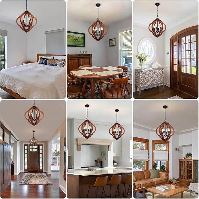6-Light Farmhouse Chandelier, Red Wood and Black Metal Rustic Light Fixture, Industrial Dining Room Chandelier for Kitchen Island, Entryway, Foyer, Bedroom, Living Room