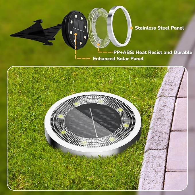 INCX 10Pack Solar Ground Lights Outdoor, 8 LED, IP65 Waterproof, Cold White | 600mAh Ni-MH battery, 8-10h runtime, stainless steel, ABS and PP body, solar garden lights for pathways, lawns and driveways