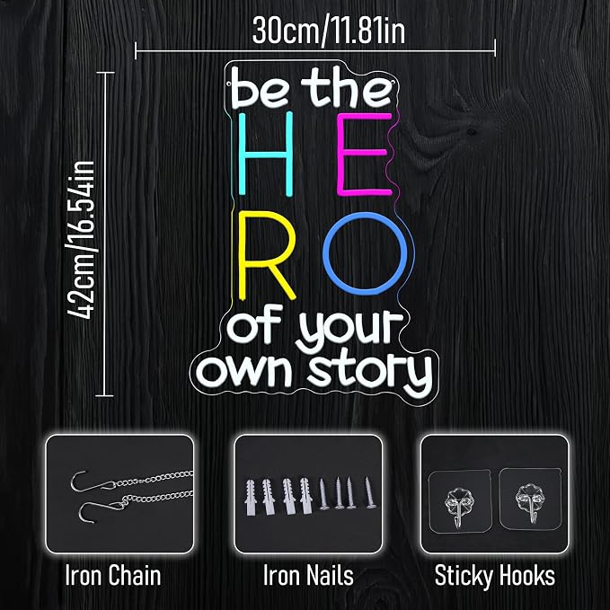 Be The Hero Of Your Own Story Neon Sign Dimmable Be The Hero Neon LED Light Empowering Letters Light LED Sign for Wall Decor Bedroom Classroom Library Shop(11.8 * 16.54In)