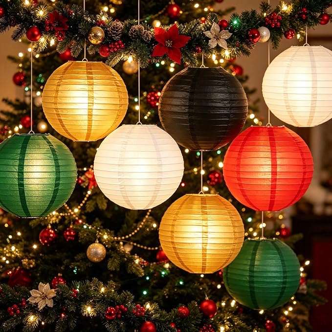 10 Pcs Paper Lanterns Decor, 8 & 10 Inch Hanging Round Lanterns in Red Black White Green Gold, hanging lantern for Wedding, Christmas, Classroom, Movie Night,Casino Party Decorations