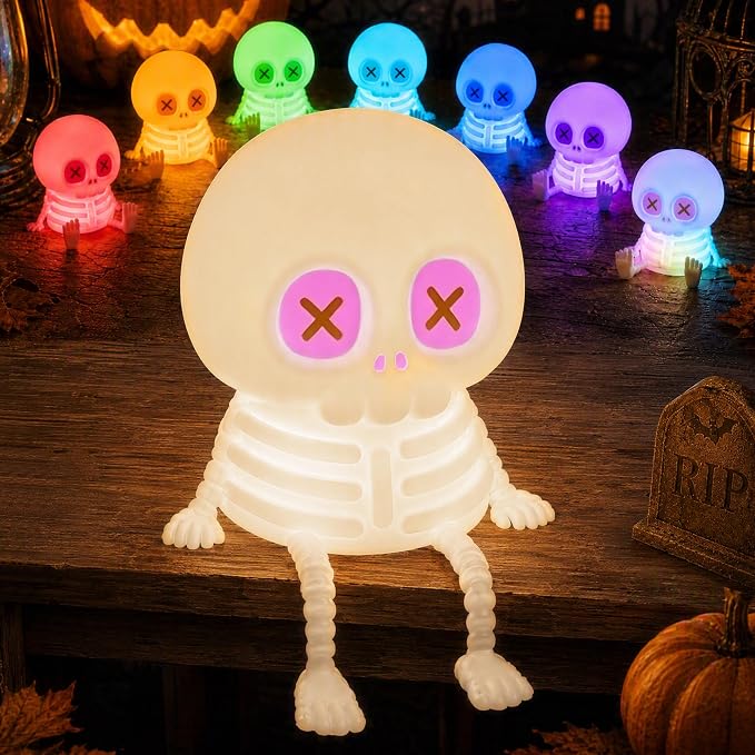 FAMIDUO Skull Night Light, Halloween Decor Gift,8 Colors Kids Skeleton Lamp | Silicone Squishy Safe Toy,Rechargeable Dimmable Touch Bedside Lamp for Nursery,Cool Cute Gothic Decor,Office College Bedroom
