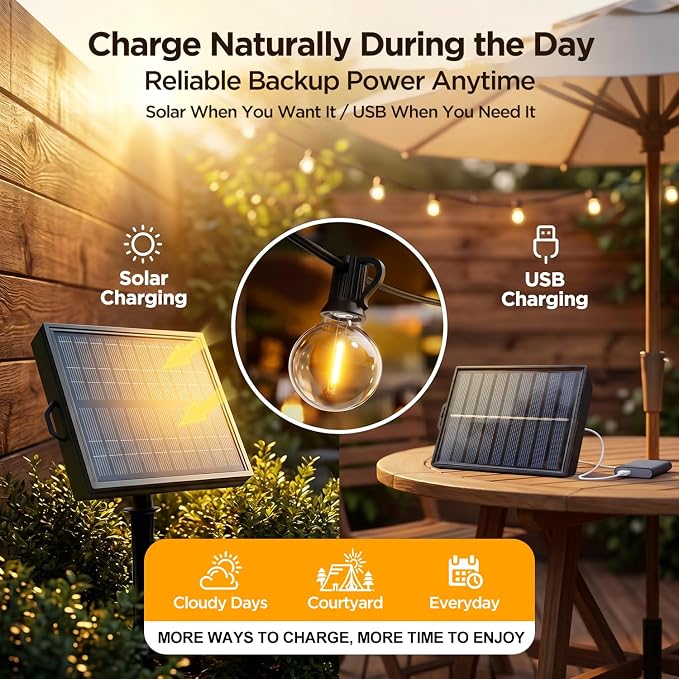 Nisocy 100FT Solar String Lights Outdoor, G40 Shatterproof Patio Lights with Upgraded Remote, Solar & USB Charging, Dusk to Dawn, Waterproof Hanging Bistro Lights for Backyard Garden RV Camping