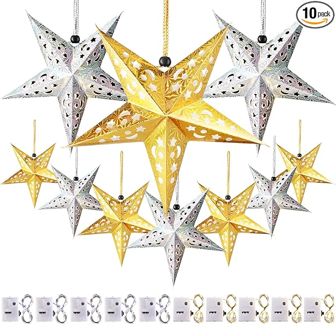 Zhanmai 10 Pcs Large 3D Paper Star Lantern with 10 LED Lights 11.8 Inch 5 Point Hollow Hanging Paper Star Lampshade Decoration Light Lanterns for Wedding Birthday New Year Party Home Decor