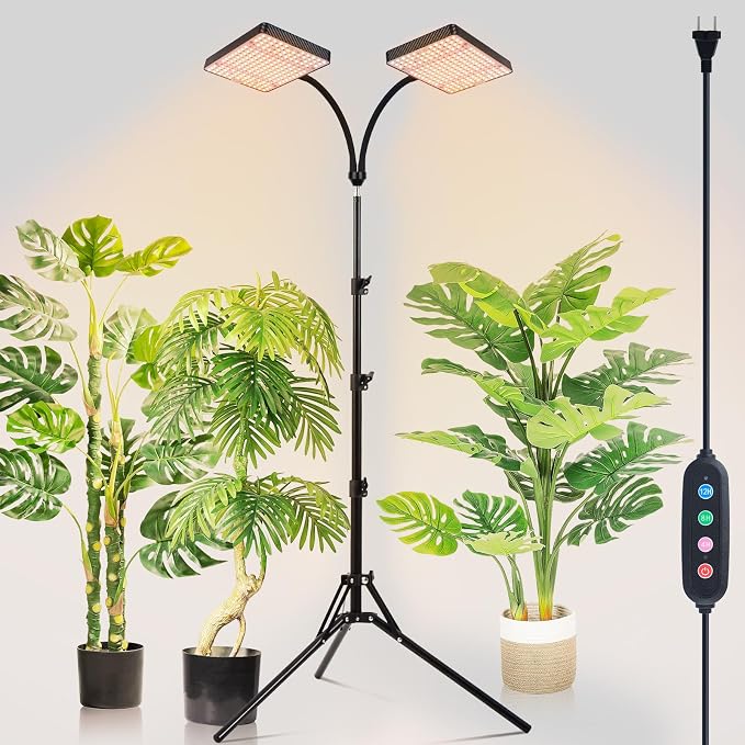 2026 2Head Grow Light with Stand, 50 Watt Power Draw, Big Coverage and Bright Enough for Indoor Large and Tall Plants, Bonsai Tree, 40"-64" Height Adjustable