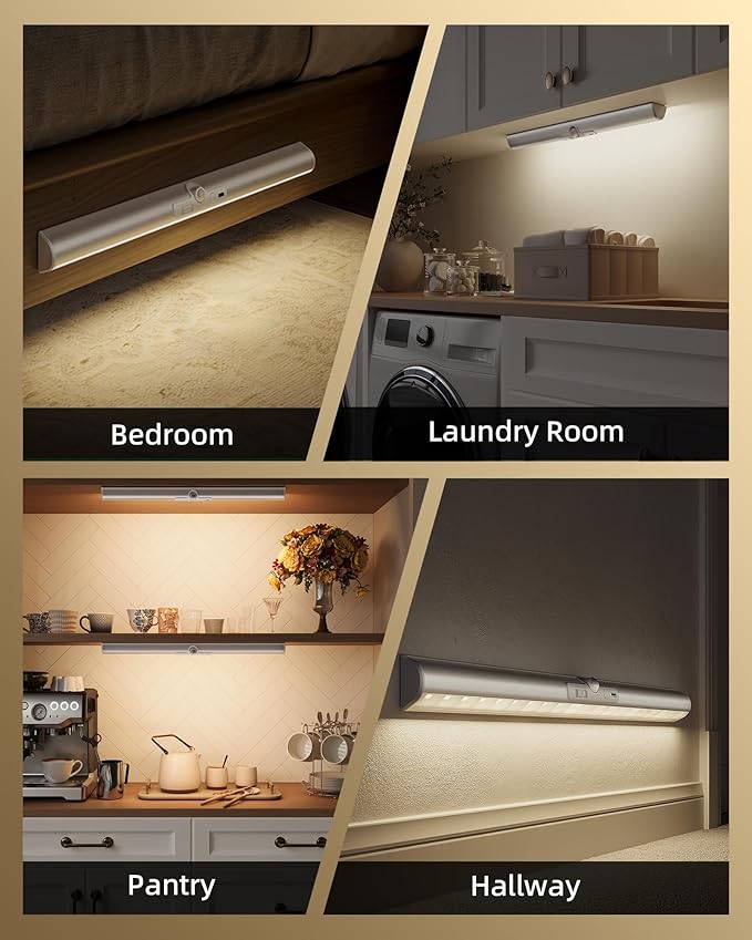 EZVALO 17Inch Motion Sensor Closet Lights, 3600mAh Rechargeable Battery LED Cabinet Lights, 150 Lumens No-Glare Curved, 3 Color Temps & Dimmable Pantry Lights for Wardrobe, Shelves - 2Pack