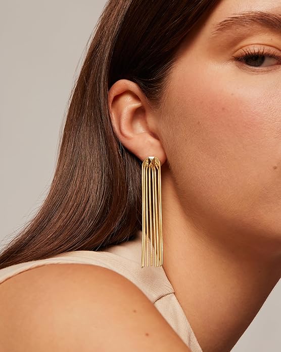 PAVOI 14K Gold Plated Long Tassel Dangle Earrings for Women - 925 Sterling Silver Posts Elegant Rhinestone Chain Chandelier Drop Earrings - Statement Jewelry