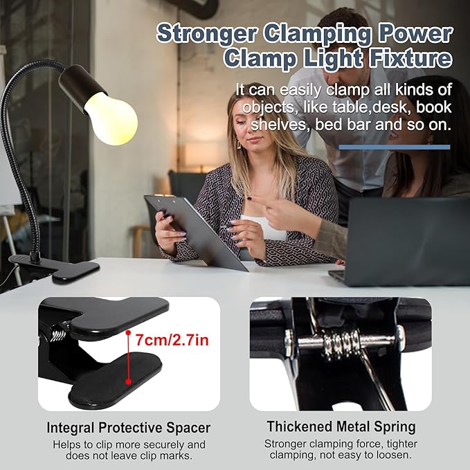 E26/E27 Clip-On Bulb Holder With 7.2Ft Switch Cable - Flexible Desk Lamp With Metal Clip, 9MM&35CM Thickened Lengthened Gooseneck Clamp Light Socket for Bedside Table