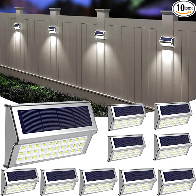 ROSHWEY Solar Lights Outdoor, 10 Pack 30 LED Fence Lights Waterproof Solar Powered Deck Post Lamps Stainless Steel Outside Step Lighting for Backyard Yard Walkway Stairs, Cool White Light