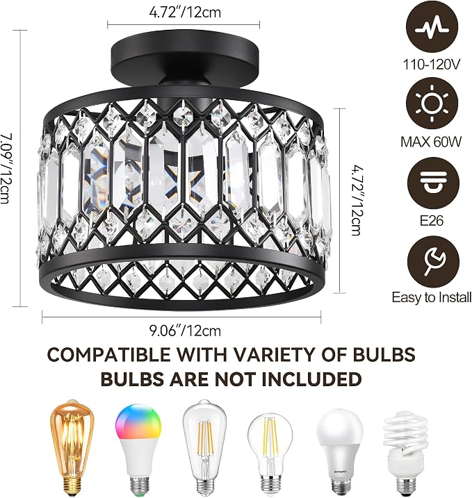 Semi Flush Mount Ceiling Light,Industrial Semi Flush Mount Ceiling Light,Industrial Black Light Fixtures Ceiling Mount, Chandelier Kitchen Lighting Black Flush Mount Light,Vintage Light Fixture