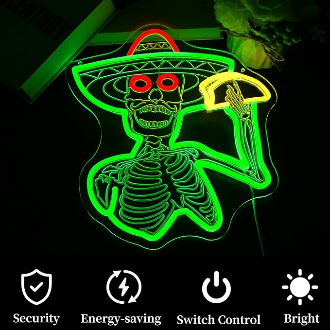 Skull Neon Sign Skeleton Taco Led Neon Lights Neon Signs for Wall Decor Light Up Sign for Birthday Party Club Gift