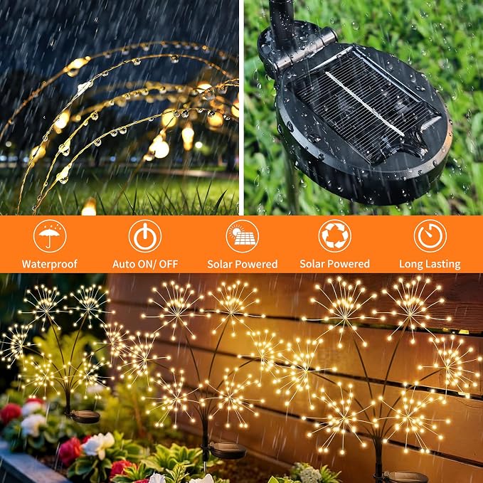 2 Pack Solar Garden Lights Outdoor Waterproof, New Upgraded 6 Branches Firework Starburst Lights with 2 Modes, Solar Fairy Lights for Yard Garden Patio Pathway Party Decor - Warm White