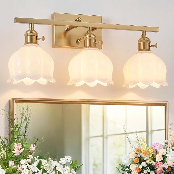 3-Light Vintage Bathroom Vanity Light, 19.4" Brass Hardwired Wall Sconce with Amber Tulip Glass Shades, Brushed Gold Vanity Light for Mirror, Restroom, Bedroom (White, 3-Light)
