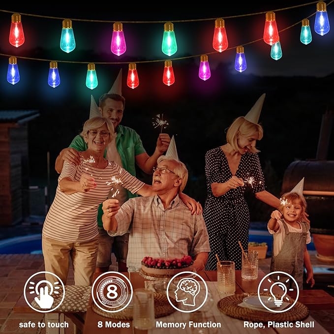 (New) Outdoor String Lights, 8 Modes Colorful LED Patio Lights, 24FT Waterproof Shatterproof Fairy Lights, Hemp Rope Hanging Lights for Garden, Yard, Party, Christmas Decor