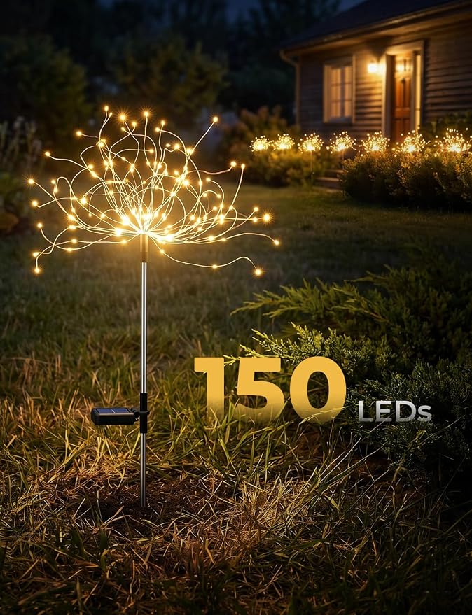 Brightown 4 Pack Garden Decor Solar Lights Outdoor Decorative,150LED Firework Lights for Outside,8 Modes Solar Powered Stake Fairy Light for Yard Pathway Flowerbed Patio Christmas Decor,Warm White | 150 LED, 8 Modes, Solar Powered Firework Lights for O...