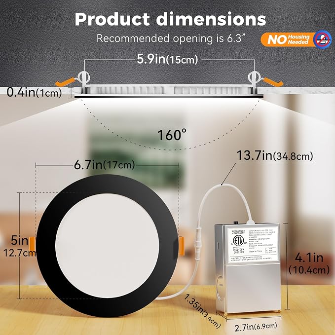 CHARKEE 24 Pack 6 Inch Ultra-Thin 5CCT LED Recessed Ceiling Light,Canless | 1050LM,2700K-5000K Selectable,12W Eqv 110W,5%-100% Dimmable,Wafer Downlights with Junction Box,ETL & Energy Star & FCC,Black