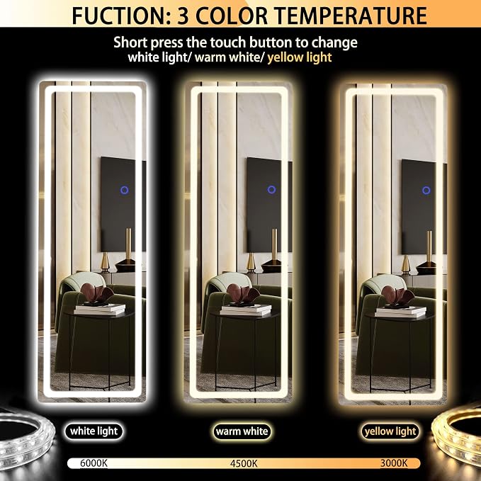Hasipu Full Length Mirror with Lights, 56" x 16" LED Floor, Full Body Dressing Standing, Hanging Mounted Mirror, Round White