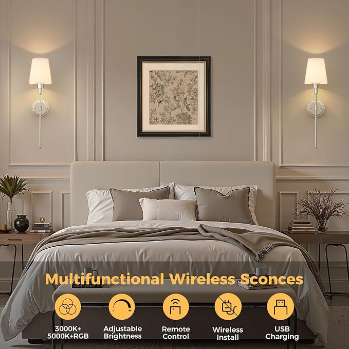 Battery Operated Wall Sconce: Set of 2 Wireless Wall Light 12000mAh | 15 Color Rechargeable Wall Sconces, Sconce Wall Decor Set of 2 for Bedroom, Living Room, Nickel, 24.6in
