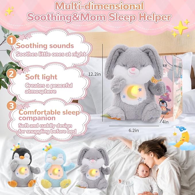Breathing Stuffed Animal, Soothe Snuggle Bunny Plush, Sleep Buddy Soothing Stuffed Bunny for Anxiety Adults and Kids, Volume Control Easter Bunny Gifts with Realistic Breathing and Lights Music