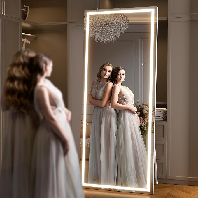 83" x 36" Full Length Mirror with Lights, Large LED Lighted Floor Standing Body Mirror, Dimmable & 3 Color Lighting for Bedroom, Cloakroom, Dressing Room, Tempered Glass, White Frame