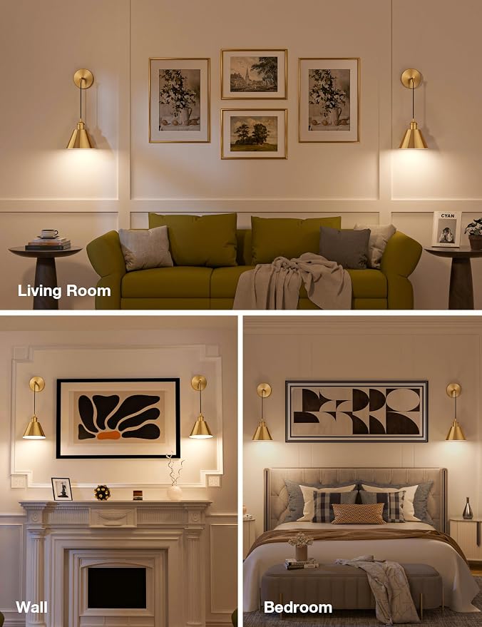 Brushed Gold Battery Operated Wall Sconce Set of 2, 5200mAh Dimmable Detachable Bulbs and Remote Wireless Rechargeable Wall Lights, 9 Colors Sconces Wall Decor for Bedroom Living Room Hallway