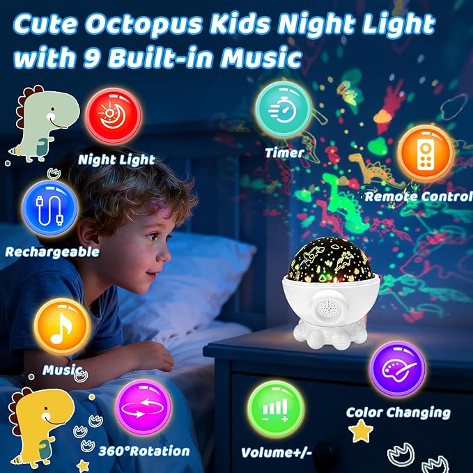 Cute Octopus Night Light Projector,17 Light Modes Ocean Star Projector with 360° Rotation, 3 Projection Films and 9 Lullaby Songs,Night Lamp with Remote and Timer, Gifts for Family and Friends (White)