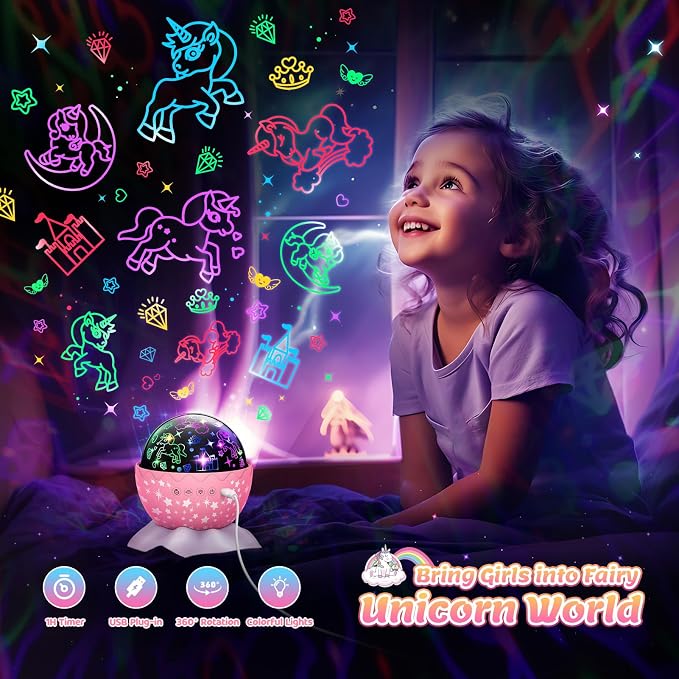 Unicorn Night Light Kids Toys, Birthday Gifts for 3 4 5 6 7 8 9 10 Years Old Girls, 3 in 1 Unicorns & Starry Sky & Sea World Night Projector for Kid Ages 3-12, Night Lamp for Bedroom Decor