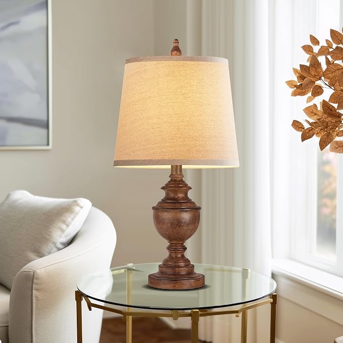 Retro Table Lamps Set of 2, Bedside Lamp for Bedroom Rustic Farmhouse Table Lamps for Living Room, Vintage Nightstand Lamps with White Shades, Wood Grain