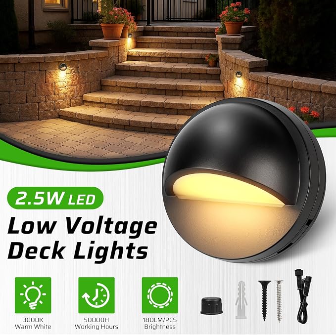 8 Pack Low Voltage LED Deck Lights Kit with Plug-in Transformer, Dusk-to-Dawn Photocell Sensor and Timer, IP67 Waterproof 3000K Outdoor Step Stair Lights for Deck, Patio, Fence and Landscape Lighting