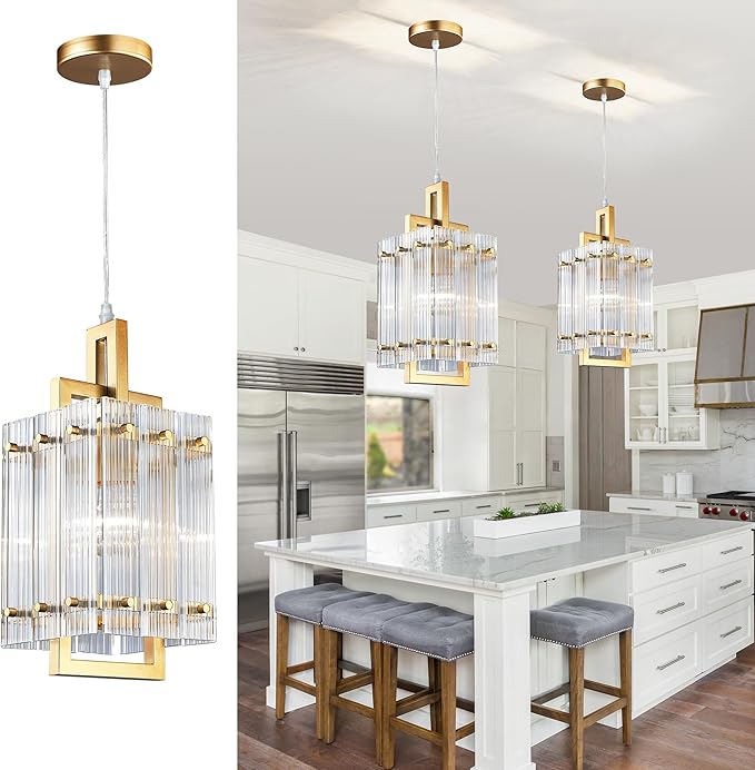 IKK Gold Pendant Light for Kitchen Island, Luxury Ribbed Glass Chandelier Lights Fixture, Modern Elegant Adjustable Pendant Lighting for Dining Room Bedroom, E26 Bulb, L6.5'' x H14''