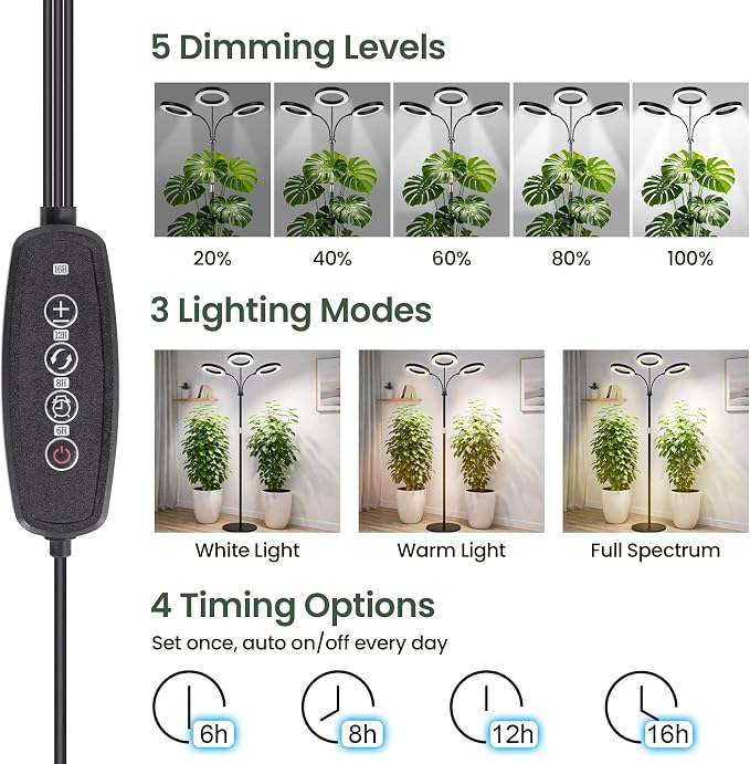 LBW 3-Head Grow Light with Stand for Indoor Plants, Full Spectrum Grow Light for Tall Large Plants, Adjustable Height up to 68", Auto Cycle Timer 6/8/12/16H, 5-Level Dimming, 3 Lighting Modes, Black