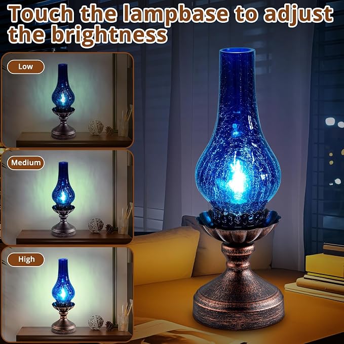 Vintage Table Lamp with Blue Crackle Glass Shade,Touch Control & 3-Way Dimmable Rustic Retro Farmhouse Bedside Lamp for Bedroom, Living Room, Cabin, Office (2700K LED Candle Bulb Included)