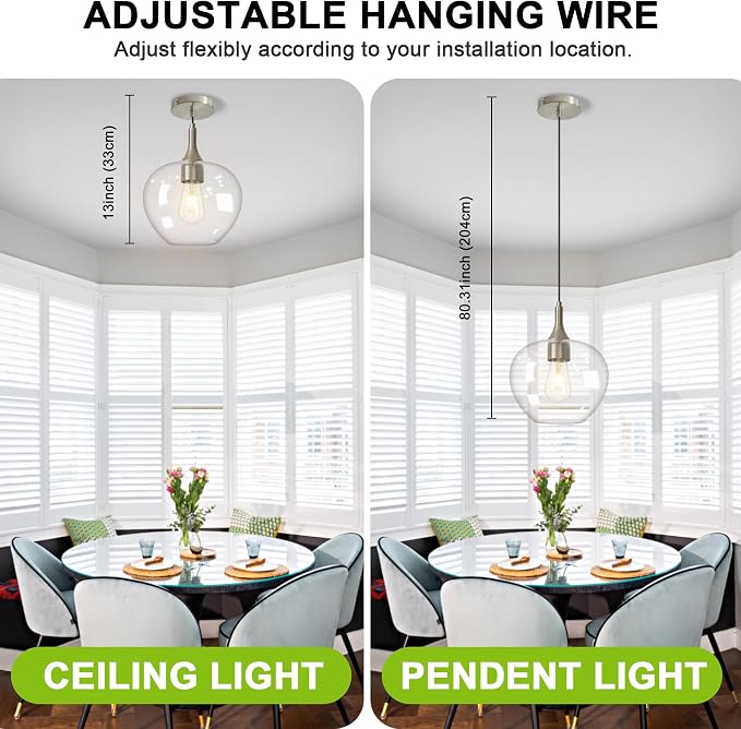 9.45in Nickel Pendant Lights Kitchen Island with Clear Glass Shade 1Pack | Handcrafted Glass Pendant Light Fixtures, UL Certified, E26 Base 100W Max, Height-Adjustable, Dimmable Hanging Pendant Light