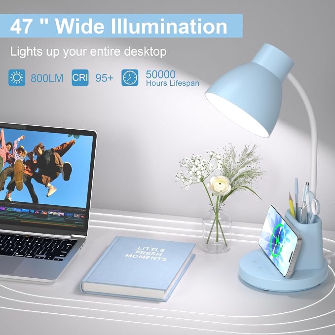 10W Wireless Charging LED Desk Lamp with Pen Holder, CRI 95, Blue | 800LM, 3 Modes, 360°Flexible Arm, Touch, Brightness, Table Lamp for Home Office, Dorm, Bedside, Study, Reading, with Adapter