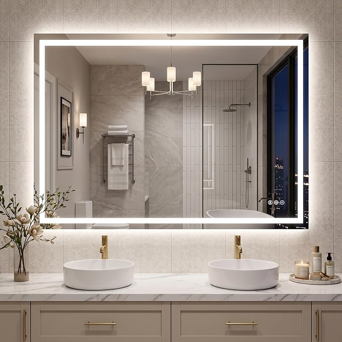 Antok 48x36 LED Bathroom Mirror with Lights, Backlit + Front Lit Vanity Mirror with CRI>90, Dimmable Anti-Fog Smart Mirror with Memory Function, 3 Color Temperatures, Shatterproof Tempered Glass, ETL