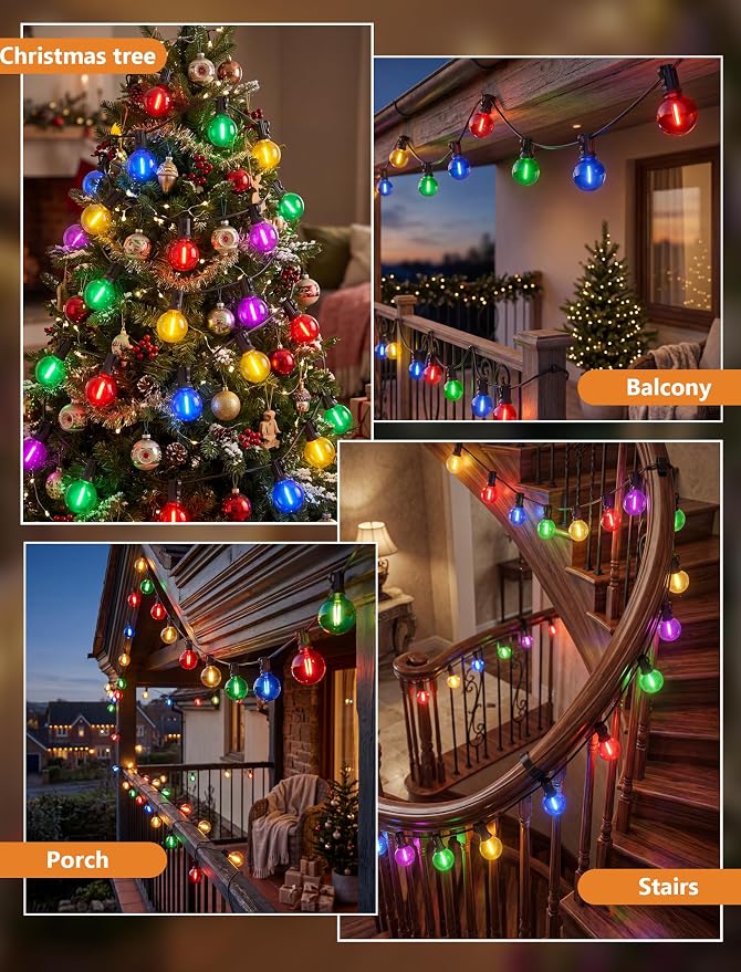 25FT G40 LED Multicolor Christmas String Lights Outdoor, 25 Globe Bulbs | Hanging Patio Lights Waterproof, Connectable Christmas Decorations Lights for Backyard Porch Garden Bistro Party, Black Wire