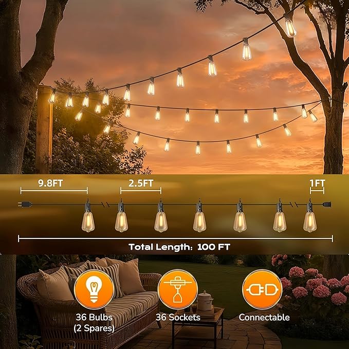 100FT Outdoor String Lights, Waterproof Patio Lights with Shatterproof ST38 Vintage Edison Bulbs, Connectable Outside Hanging Lights for Backyard, Porch, Deck, Balcony, Garden, 2500K Dimmable