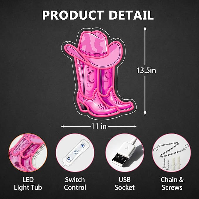 Pink Cowgirl Boot Neon Signs for Wall Decor, Led Cowboy Hat Light Up Sign, Dimmable Pink Neon Light for Girls Room Bedroom Teen Dorm Party Aesthetic Western Decor Gifts