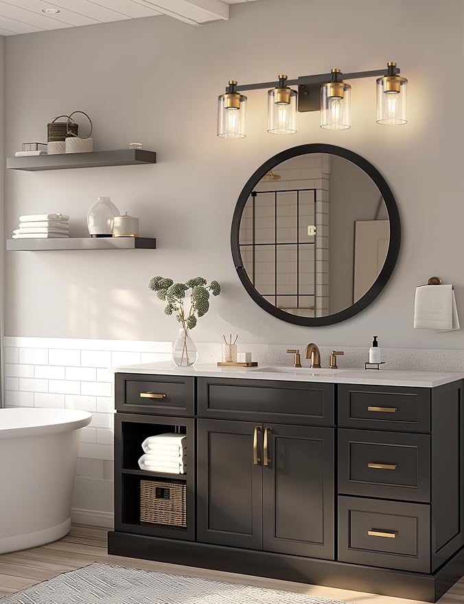 Bathroom Light Fixture, Bathroom Vanity Light Over Mirror, 4-Lights | Vanity Lights for Bathroom, Modern Lighting Fixtures with Clear Glass Shade, Black and Gold Vanity Lights, ETL Listed