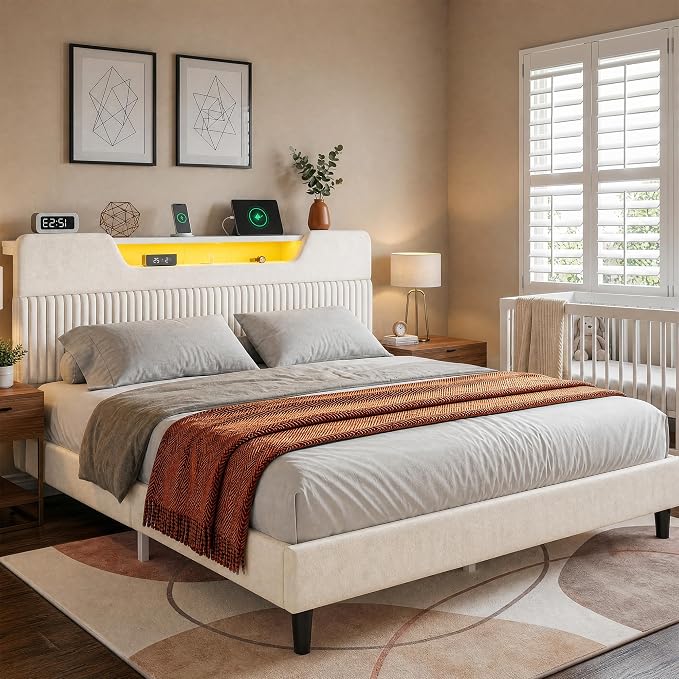 Homkdom King Bed Frame with Charging Station & Storage Headboard,White | 1USB-C & 2USB-A Charging, RGB LED Lights,7.78" Under-bed Storage,Velvet Upholstered Headboard,No Box Spring,Easy Assembly.