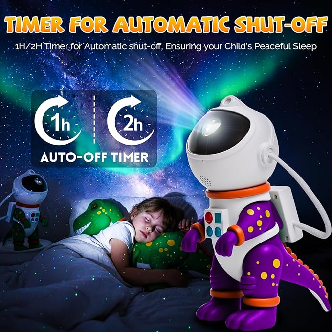Dinosaur Astronaut Galaxy Star Projector Night Light, 8 in 1 LED Space Planetarium Lamp, 360° Rotating with Remote & Timer, Kids Adults Bedroom Decor, Christmas Birthday Gifts (Purple)